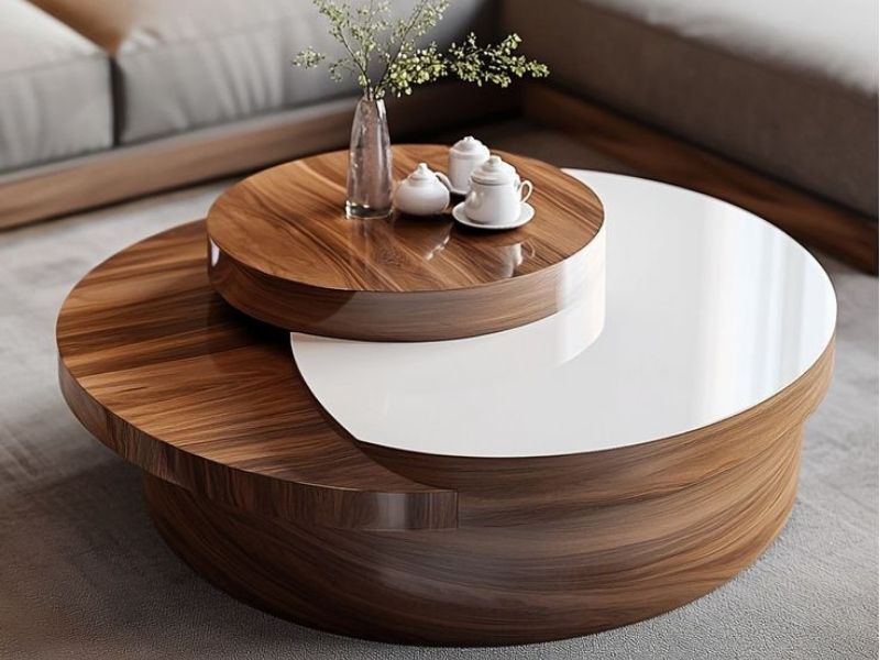 1 Nova Orbit Coffee Table – Walnut Veneer with White Gloss Swivel Top - Image 1