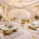 Lumière Boucle Curved Sofa – Pearl White with Gold Accent Collection