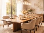 Soleil Dining Set – Solid Walnut Table with Sand Linen Upholstered Chairs