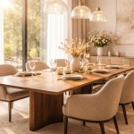 Soleil Dining Set – Solid Walnut Table with Sand Linen Upholstered Chairs