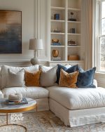 Maison L-Shape Tufted Sectional – Cream Velvet & Sapphire Cushion Set - Image 4
