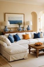 Maison L-Shape Tufted Sectional – Cream Velvet & Sapphire Cushion Set - Image 3