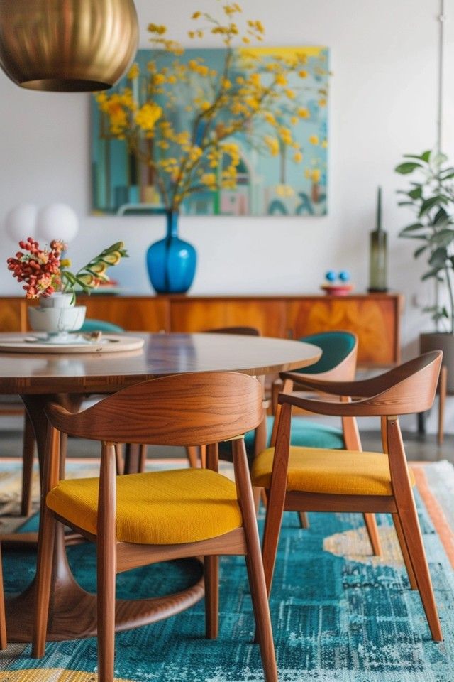 f24b87ef76829ca327e5510b6c348525 Mid-Century Round Dining Set – Solid Walnut & Upholstered Chairs - Image 1